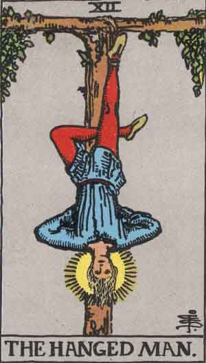 the hanged man (xii) from the rider-waite tarot deck illustrated