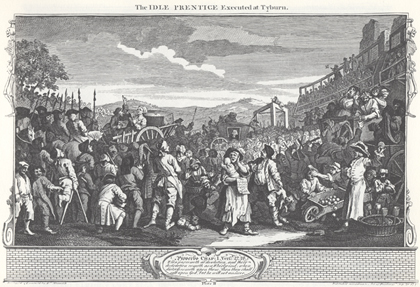 <em>The Idle ‘Prentice Executed at Tyburn</em>, from ‘Industry and Idleness’ by William Hogarth, 1747. Rowson borrows the composition for <em>Black sky thinking</em> (previous image)